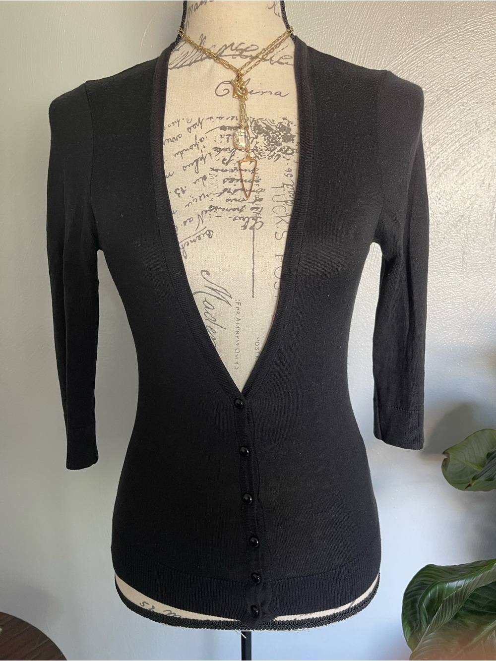 Tezenis Black Deep V Button Front Mesh Back Cardigan Sweater Size S